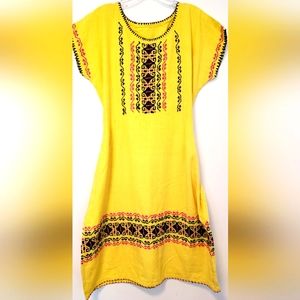 Vintage 1970s Boho Hippie Native American Embroidered Yellow Sun Dress